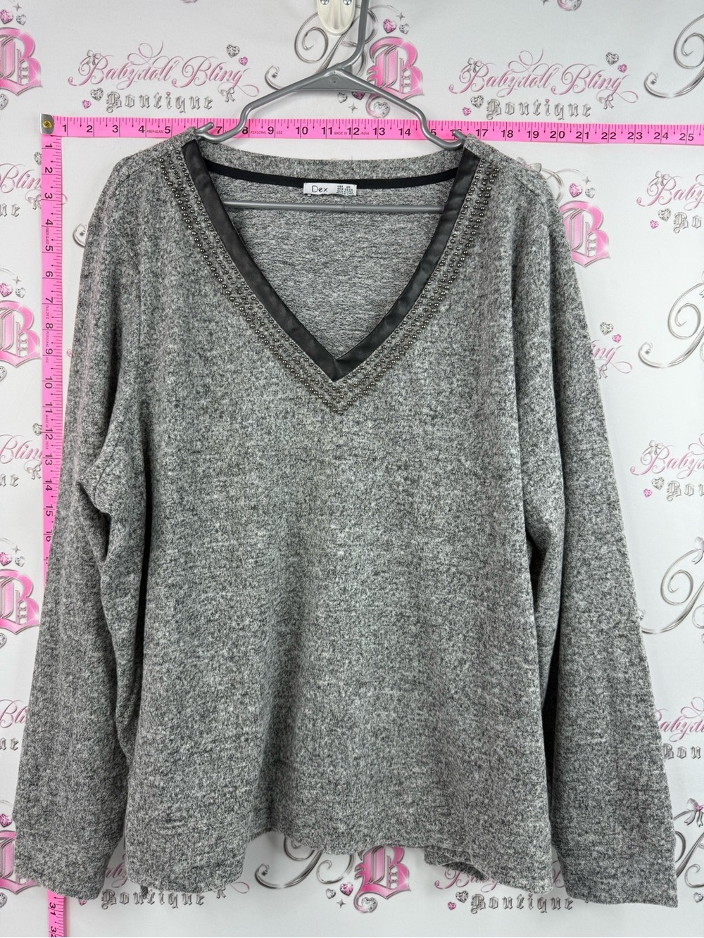 Dex long sleeve shirt studded Gray V-Neck Knit Sweater with Faux Leather Trim